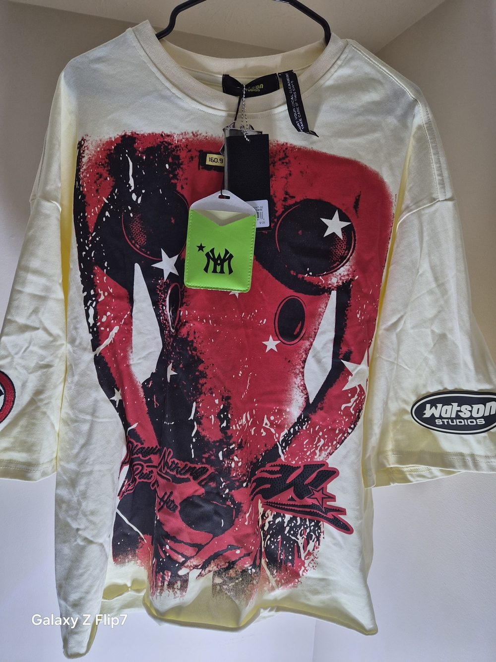 Men's Cream Graphic Polo-Style Shirt with Red Print